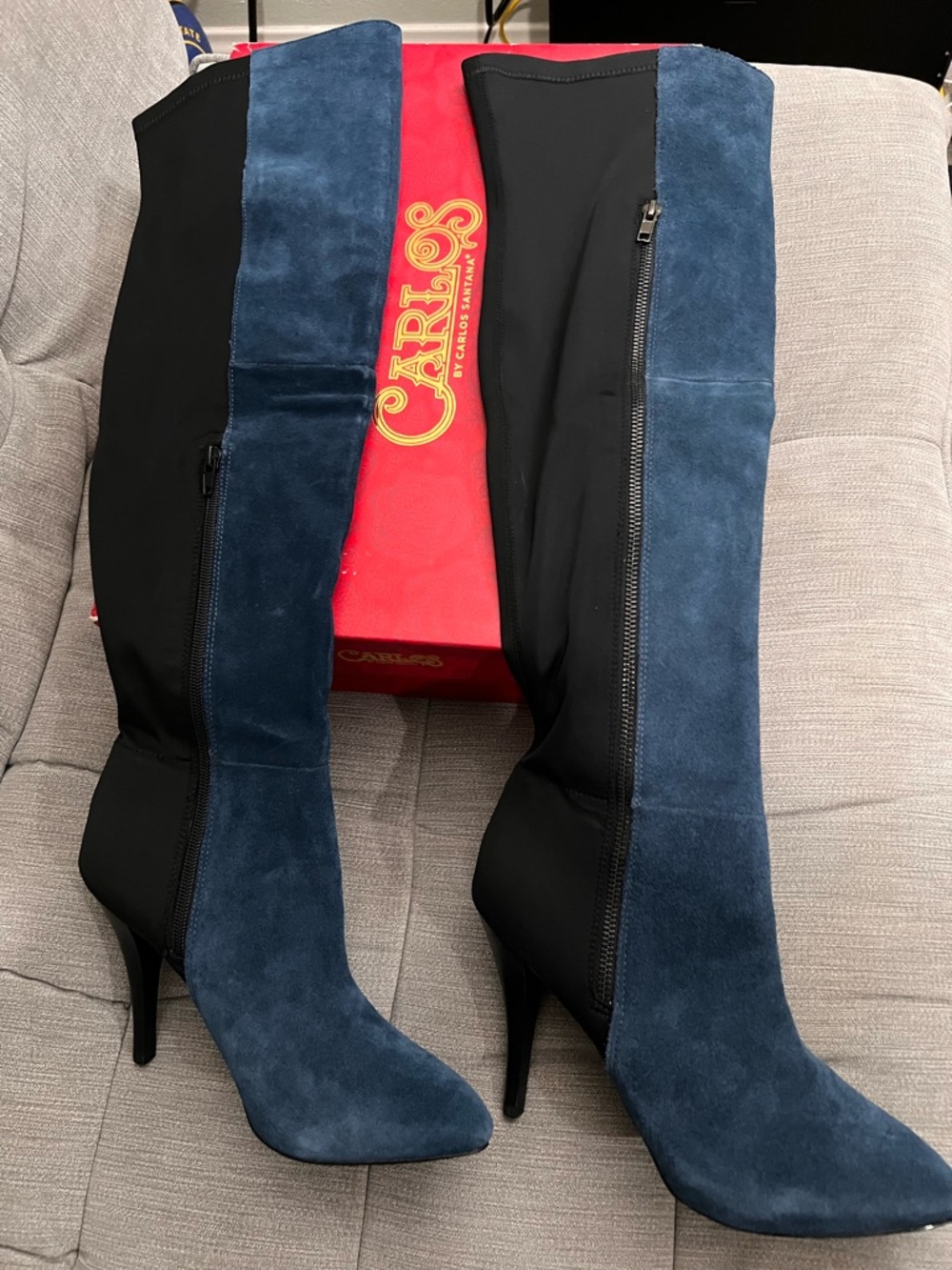 Carlos Santana Navy Suede and Black Over-The-Knee Stiletto Boots